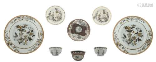 Two Chinese encre de chine and gilt armorial and floral decorated export porcelain dishes, 18thC; added two ditto cups and saucers, decorated with figures and birds; extra added a ditto café au lait cup and saucer, the roundels with landscapes and butterflies, H 4 - ø 12 - 23 cm