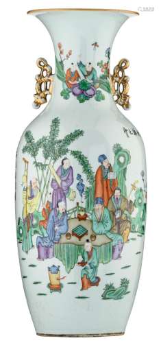 A Chinese polychrome decorated vase, one side with an animated garden scene, the other side with a rock and flower branches, and calligraphic texts, signed, H 58 cm