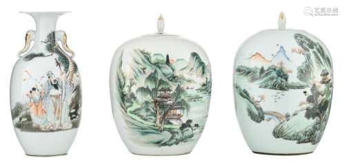 Two Chinese polychrome ginger jars and covers, decorated with pavilions, figures in a mountainous river landscape and calligraphic texts; added a ditto vase with a literatus and his apprentice, H 31 - 31,5 cm