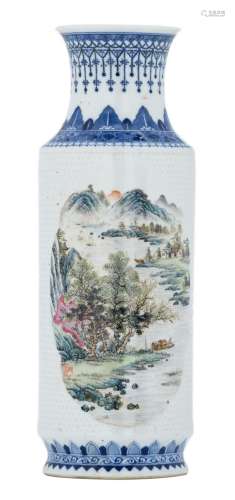 A Chinese blue and white and relief decorated cylindrical vase, the roundels famille rose with mountainous river landscapes, signed, with a Qianlong mark, H 34,5 cm