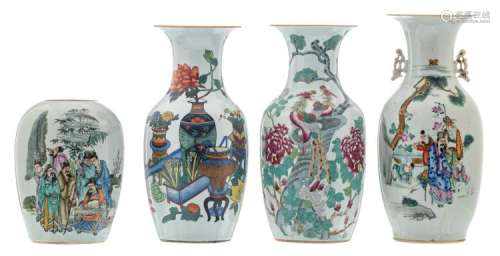 Three Chinese polychrome and famille rose vases, decorated with figures, phoenix and antiquities, all vases with calligraphic texts; added a ditto ginger jar, decorated with dignitaries and literati, H 28 - 45,5 cm