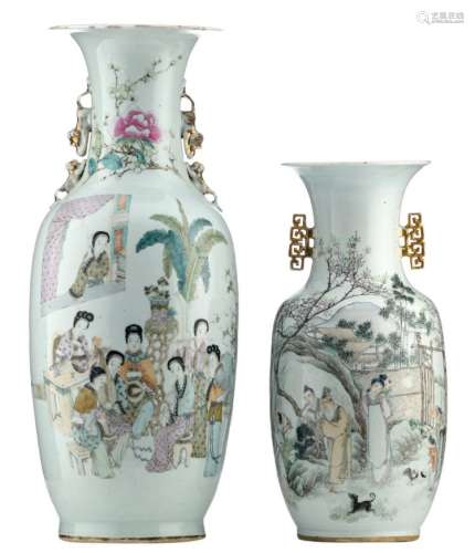 A Chinese famille rose vase, decorated with musicians on a terrace; added a ditto vase, decorated with an animated scene and calligraphic texts, H 44,5 - 61 cm