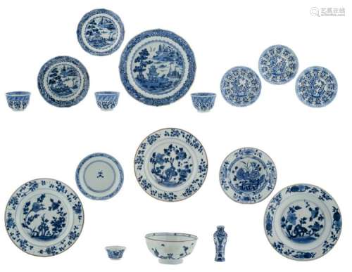 A collection of Chinese blue and white decorated porcelain dishes, cups, saucers and a miniature vase, 18thC, H 3 - 5 cm - ø 13 - 24,5 cm
