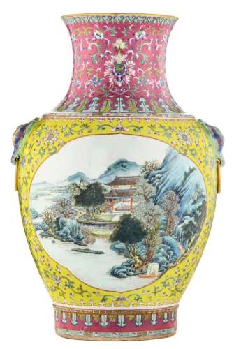 A fine Chinese yellow and ruby ground famille rose begonia shaped vase, the roundels decorated with figures in a landscape, Qianlong iron red seal marked, H 57,5 cm