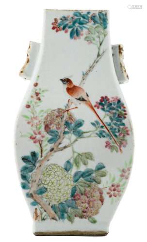 A Chinese famille rose and polychrome decorated Hu vase, one side with a mountainous river landscape, the other side with a bird on a flower branch, and calligraphic texts, signed and marked, 19thC, H 26,5 cm