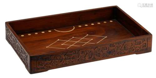 A Chinese huanghuali carved wooden scholar tray, with geometric bone inlay, H 8 - L 55 - W 34 cm