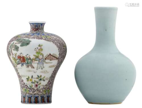 A Chinese celadon ware bottle shaped vase; added a Chinese polychrome meiping vase, the roundels decorated with boys in a garden, with a symbol mark, H 18 - 21 cm