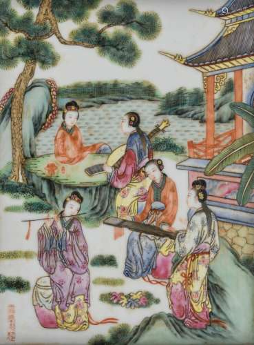 A Chinese famille rose plaque, depicting courtladies playing music in a garden, marked, in a wooden frame, 22 x 29,5 - 37 x 49,5 cm