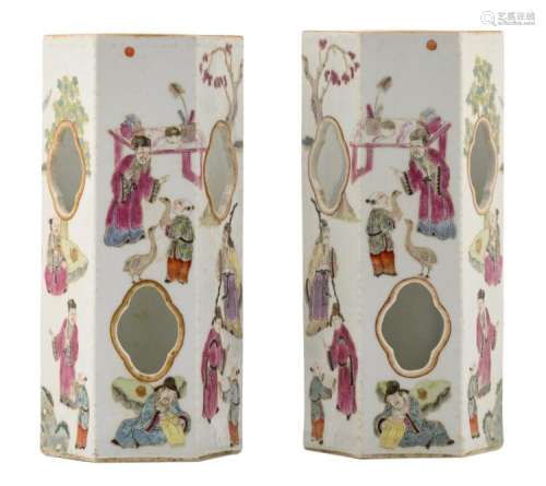 A pair of Chinese famille rose hexagonal hat stands, overall decorated with figures, Daoguang marked, H 28 cm