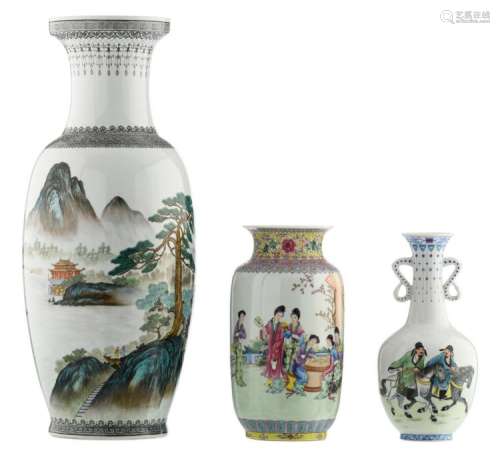 Two Chinese polychrome and famille rose vases, one vase decorated with a mountainous river landscape, one vase with court ladies, both vases with calligraphic texts, both vases marked; added a ditto bottle vase, H 31 - 62 cm