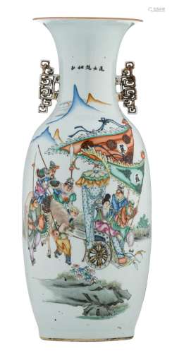 A Chinese famille rose vase, decorated with a lady in a carriage and warriors in a mountainous landscape, with calligraphic texts, H 58 cm