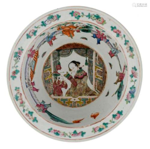 A Chinese famille rose bowl, decorated with playing children in a garden, the medallion with a court lady and a boy, 19thC, H 13 - ø 37,5 cm
