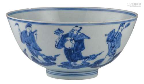 A Chinese blue and white bowl, decorated with the Eight Immortals, seal mark and period Qianlong, H 9,5 - ø 20,4 cm