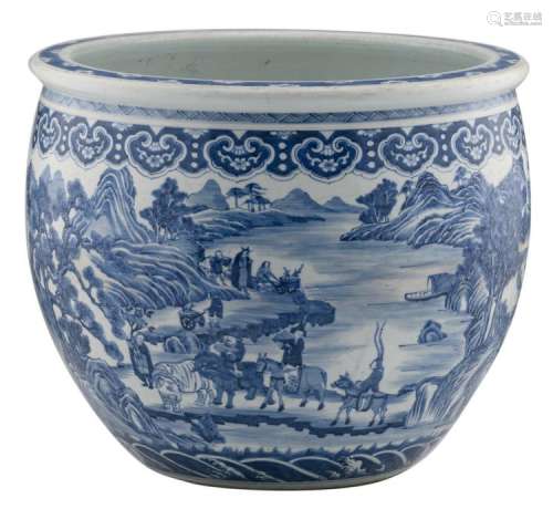 A large Chinese blue and white jardiniere, overall decorated with figures in a mountainous river landscape, H 48,5 - ø 57,5 cm