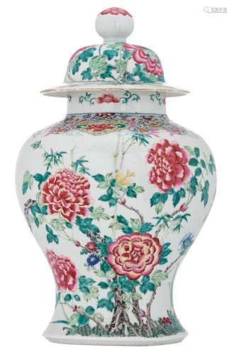 A Chinese famille rose vase and cover, decorated with prunus, bamboo and peonies, about 1900, H 45 cm