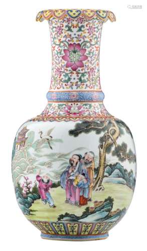 A Chinese famille rose vase, overall decorated with an animated scene, with a Jiaqing mark, H 31 cm