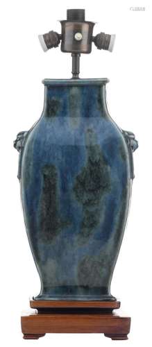 A Chinese blue and green flambé glazed baluster shaped vase, mounted as a lamp, the handles Fu lion shaped, H 68 cm