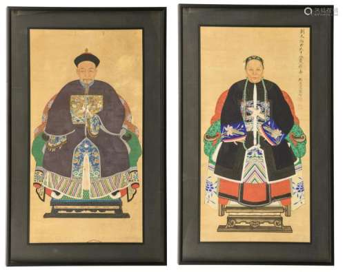 A pair of Chinese ancestor portraits, watercolour and gouache on paper, one portrait with calligraphic text, signed, about 1900, framed, 58 x 116 (without frame) - 82 x 140,5 cm (with frame)