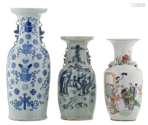 Two Chinese celadon ground vases, one vase decorated with auspicious symbols, one vase with an animated scene, 19thC; added a ditto polychrome vase, decorated with dignitaries, H 42,5 - 58,5 cm
