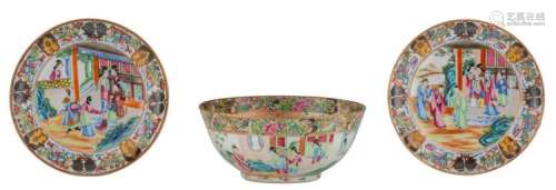 A Chinese Canton famille rose floral decorated bowl, the roundels with court scenes, 19thC; added two ditto dishes, H 3 - 11,5 - ø 25 - 26,5 cm
