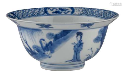 A Chinese blue and white Kangxi bowl, depicting auspicious symbols and figures in a garden, with a Chenghua mark, H 7,7 - ø 16 cm