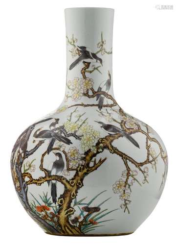 A fine Chinese polychrome bottle vase, decorated with magpies, flower branches, bamboo and lingzhi, with a Qianlong mark, H 55 cm