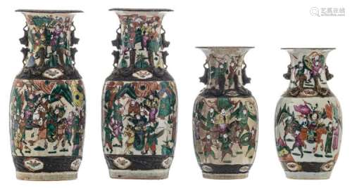 A pair of Chinese polychrome stoneware vases, overall decorated with warriors, marked, about 1900; added two ditto vases, H 34,5 - 44,5 cm