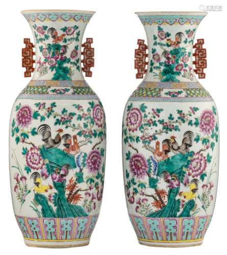 A pair of Chinese famille rose vases, both sides decorated with cockerells and flower branches, H 57,5 cm
