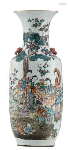 A Chinese famille rose vase, decorated with court ladies, children on a terrace and calligraphic texts, about 1900, H 59 cm