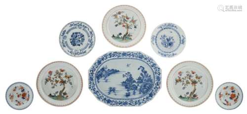 A various polychrome, blue and white and Imari export porcelain dishes and a ditto plate,18thC, ø 16 - 43 cm