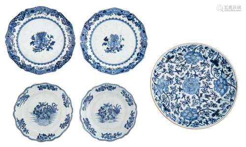 Two Chinese blue and white bracket-lobed export porcelain dishes, 18thC; added two ditto dishes decorated with birds in a pond; extra added a Chinese blue and white floral decorated plate with a symbol mark, 18thC, ø 25 - 36 cm