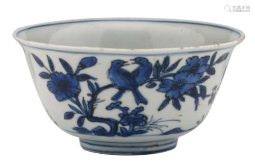 A Chinese blue and white bowl, decorated with butterflies and birds on flower branches, marked, 17th / 18thC, H 5 - ø 10,5 cm