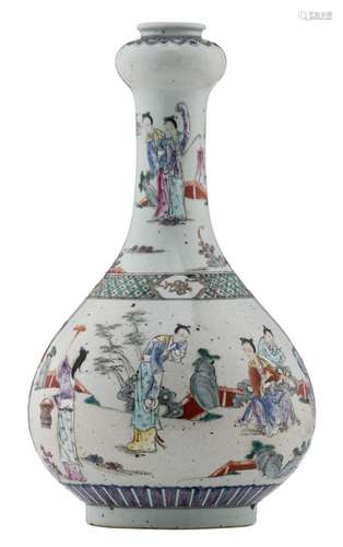 A Chinese famille rose garlic mouth bottle vase, overall decorated with an animated garden scene, H 37,5 cm