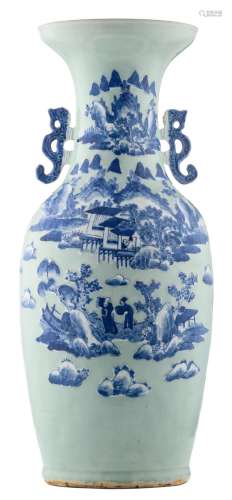A Chinese celadon ground blue and white decorated vase with figures in a mountainous river landscape, the handles dragon shaped, 19thC, H 60 cm