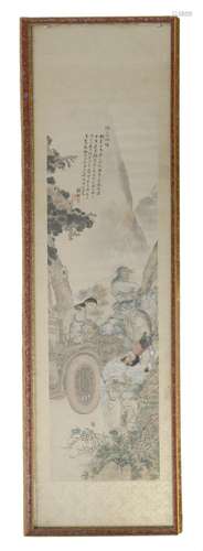 A fine Chinese scroll, watercolour on paper, depicting figures and the carriage of a nobleman in a mountainous landscape, signed by the artist, framed, 55 x 205,5 cm