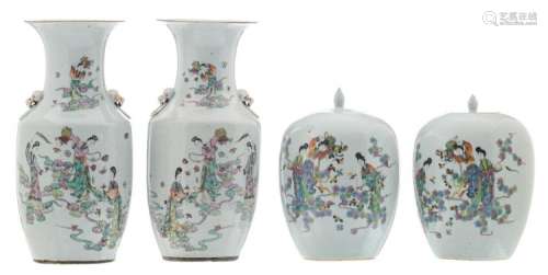 A pair of Chinese famille rose vases and ginger jars and covers, decorated with flowers and ladies amid clouds, the vases with calligraphic texts, H 31 - 43 cm