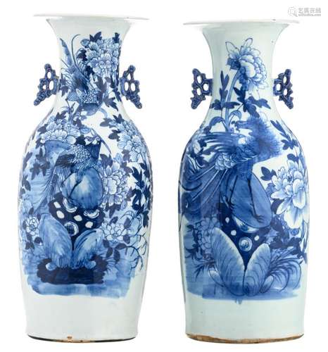 Two Chinese pale celadon ground blue and white vases, decorated with birds, rocks and flower branches, H 57,5 - 58,5 cm