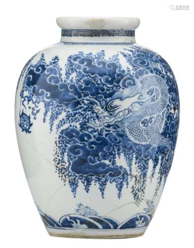 A Chinese blue and white Kangxi vase, overall decorated with a five clawed dragon amid clouds, H 33 cm