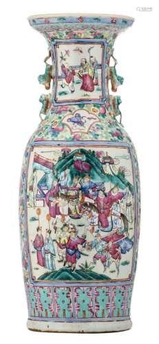 A Chinese famille rose floral decorated vase, the roundels with court scenes, 19thC, H 61 cm