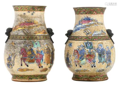 Two Chinese famille rose gilt and relief decorated stoneware Hu vases, marked, about 1900, H 31 - 32 cm