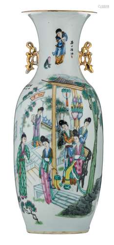 A Chinese famille rose decorated vase, one side with a gallant garden scene, one side with a bird on a rock, flower branches and calligraphic texts, H 58 cm