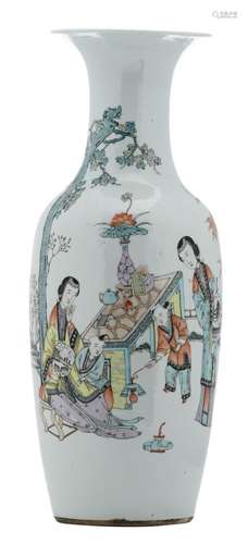 A Chinese polychrome vase, decorated with two ladies and children in a garden and calligraphic texts, H 60 cm