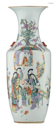 A Chinese polychrome vase, decorated with court ladies, children on a terrace and calligraphic texts, about 1900, H 59 cm