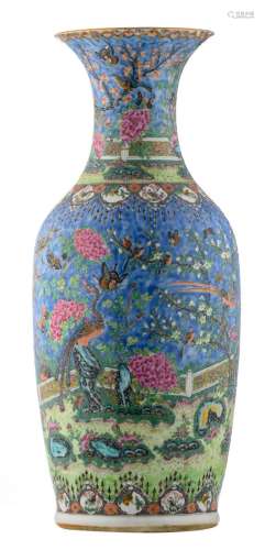 A Chinese famille rose and polychrome overall decorated vase with rocks, butterflies and birds in a garden, H 60,5 cm