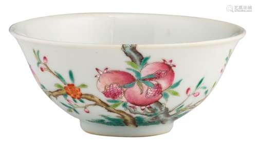 A Chinese famille rose nine peaches bowl, Jiaqing marked, H 5 - ø 12 cm