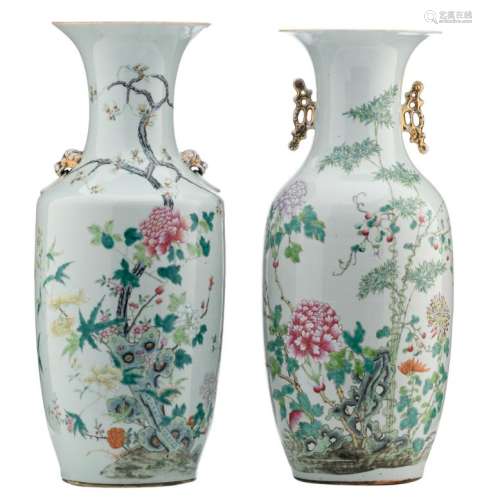 Two Chinese famille rose vases, decorated with rocks, bamboo and flower branches, both marked, about 1900, H 57,5 - 58,5 cm