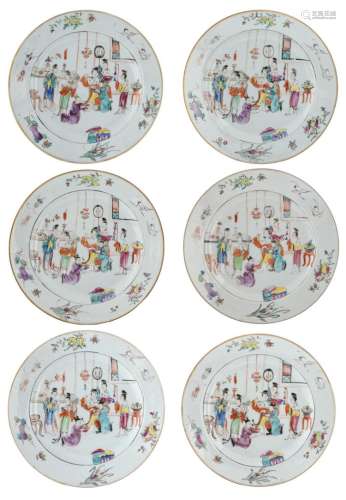 Six famille rose export porcelain dishes, decorated with court ladies and their servants, 18thC, ø 22,5 - 23 cm