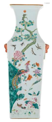 A Chinese famille rose quadrangular vase, all sides decorated with birds and flower branches, H 56,5 cm