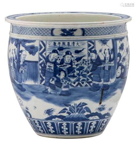 A Chinese blue and white jardiniere overall decorated with literati in a garden, with a Kangxi mark, H 36,5 - ø 39 cm