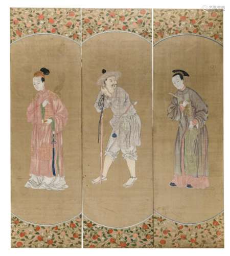 An 18thC three-part set of fine Chinese silk paintings, depicting two court ladies and a countryman, 76 x 257 cm